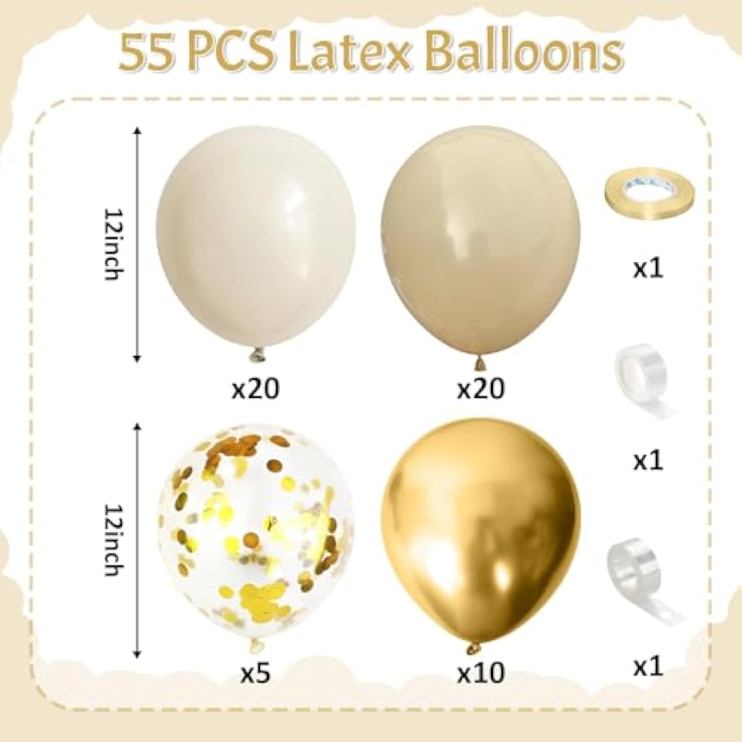 55 Pcs Gold & Beige Balloons: Neutral Sand, Nude, Apricot for Boho Parties