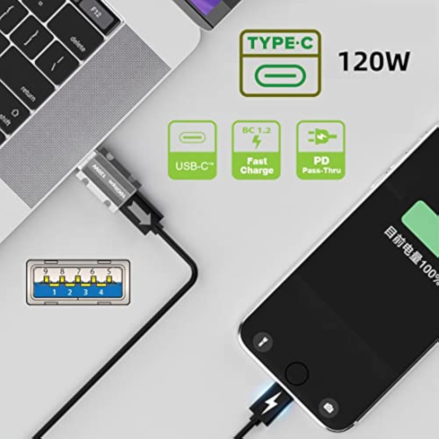 Usb C To Usb 3.0 Connector 10Gbps Data 120W Power Adapter Alloy Shell