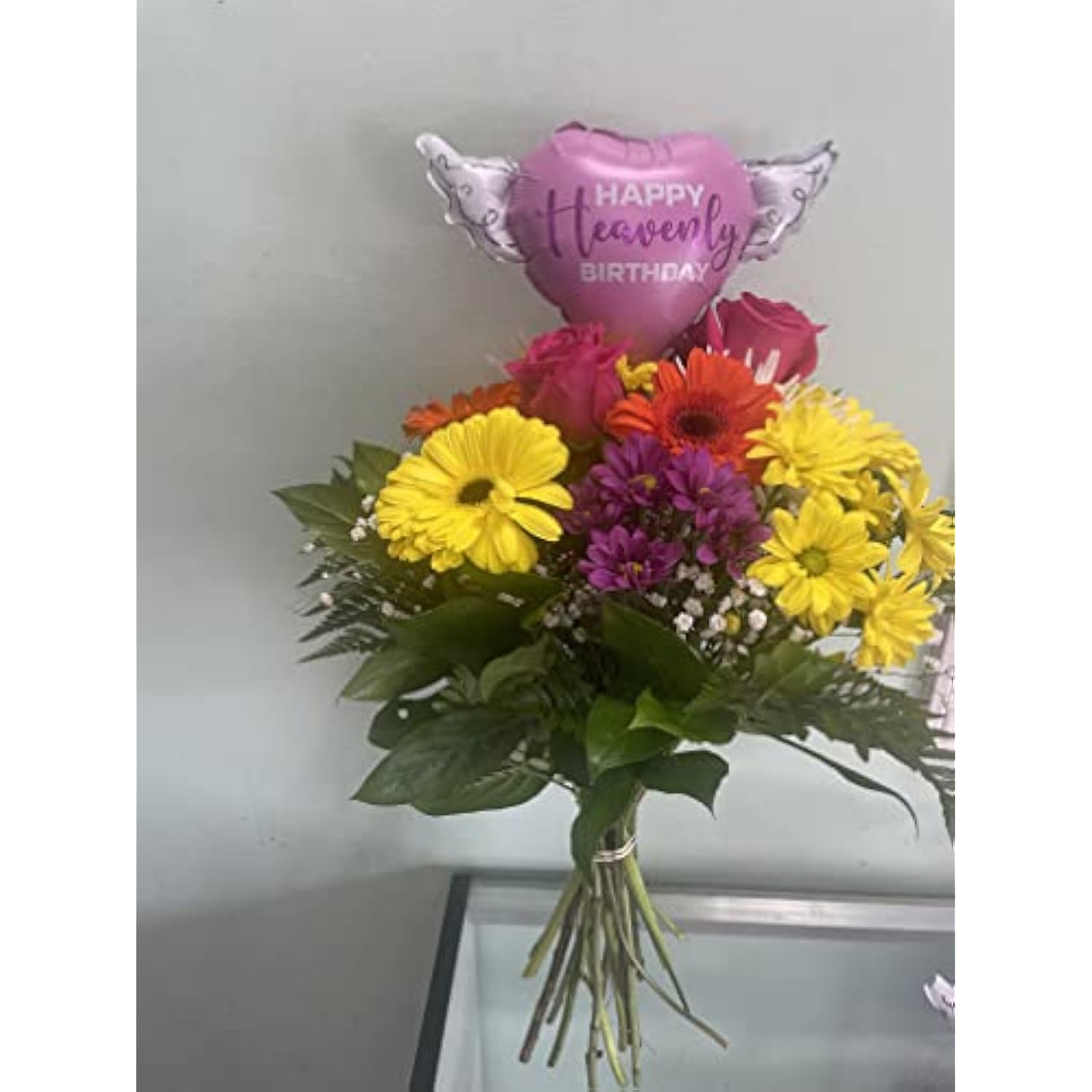 Pink Heart Balloon On A Stick With Purple "Heavenly" & Angel Wings – Memorial