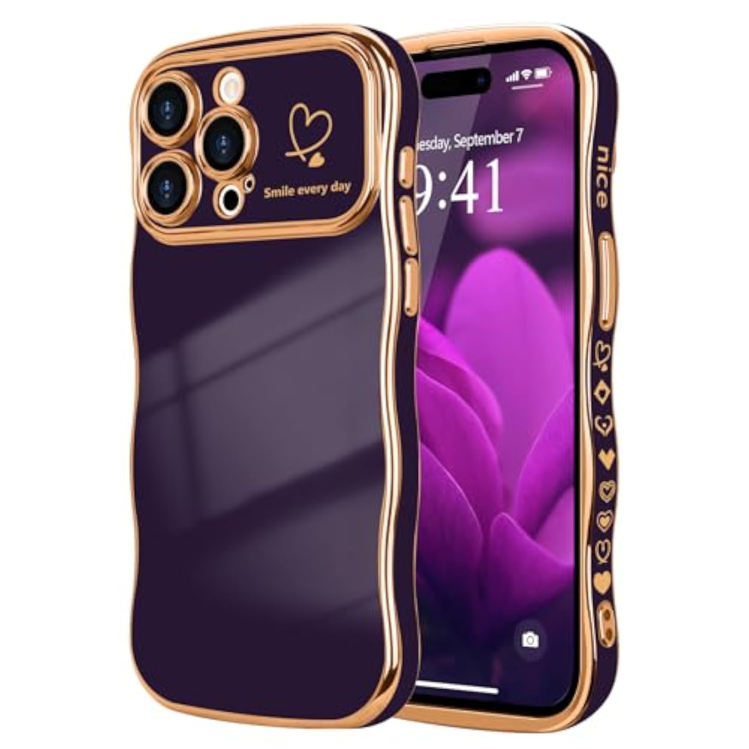 iPhone 14 Pro Max Case for Women, Wave Frame Heart Camera Protection, Dark Purple