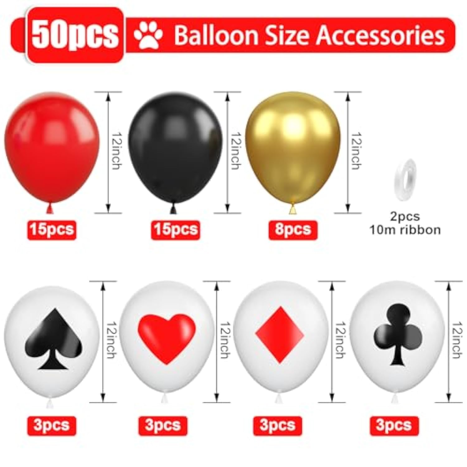 Poker Balloons, Casino Theme Party Balloons, 12 Inches 50 Pcs Red Black And White Balloons Poker Card Latex Balloon For Casino Night Poker Las Vegas Game Night Casino Party Decor