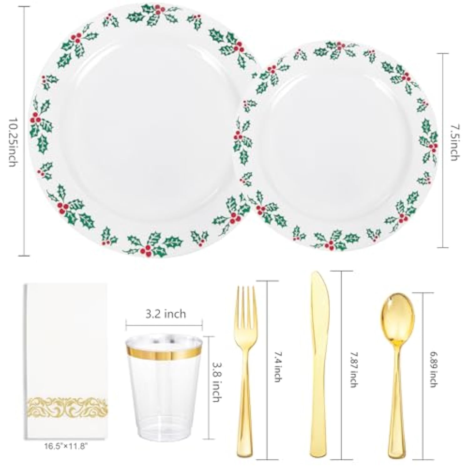 175 Pcs Christmas Plates Set & Holly Berry Plates - Christmas Plates Disposable Include 50 Christmas Plastic Plates,25 Forks, 25 Knives, 25 Spoons, 25 Napkins Ideal For Xmas Party