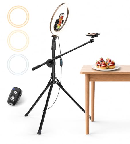 12" Ring Light with Overhead Phone Mount, Selfie Light with Stand,62" Tripod for iPhone with Light and Phone Holder for Video