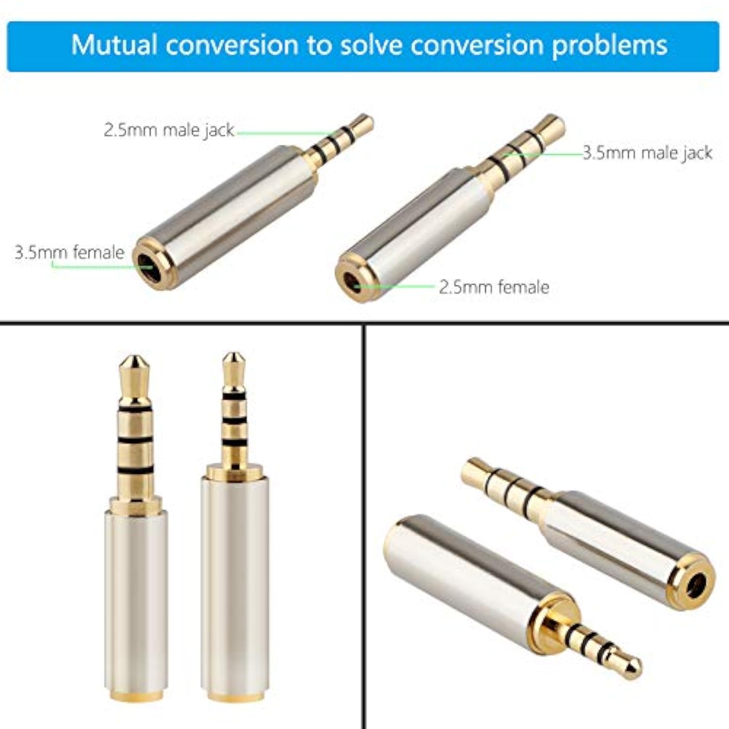 3.5Mm Male To 2.5Mm Female/2.5Mm Male To 3.5Mm Female Stereo Audio Adapter Headset Converter Connector For Smartphones, Headphone, Mic, Tablets (2 Pack)