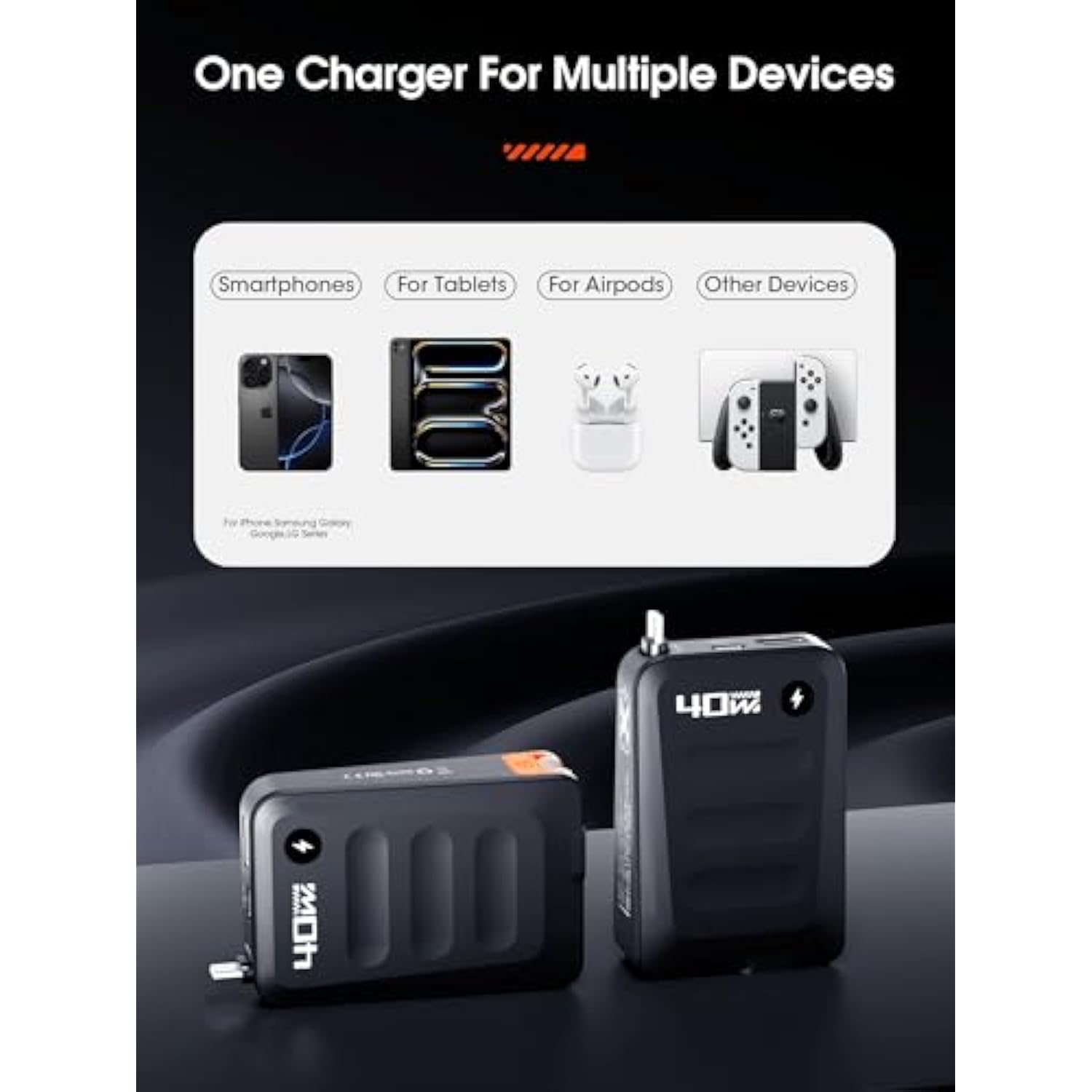 Retractable Usb C Charger Block,40W Pd Fast Charging Blocks With Retractable Type C Cable And Dual Port Travel Charger,Usb Chargers With Foldable Plug For Iphone 16/15,Galaxy,Pixel-Black