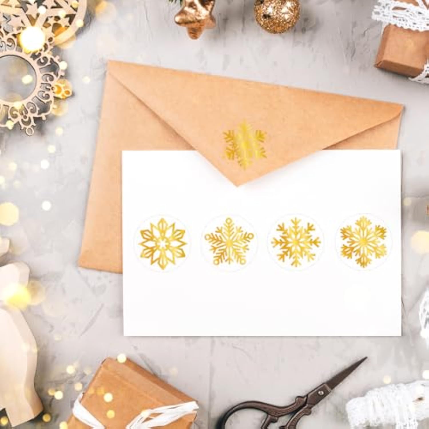 Gold Foil Snowflake Stickers-500Pcs Clear Christmas Stickers Roll Winter Holiday Gold Round Self Adhesive Labels For Gift,Card,Envelope