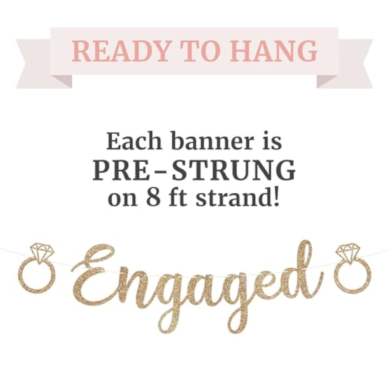 Pre-Strung Engaged Banner - No Diy - Gold Glitter Wedding Engagement Bridal Shower Banner - Pre-Strung On 8 Ft Strand - She Said Yes, Bride To Be, Happy Engagement Party Decorations - No Diy