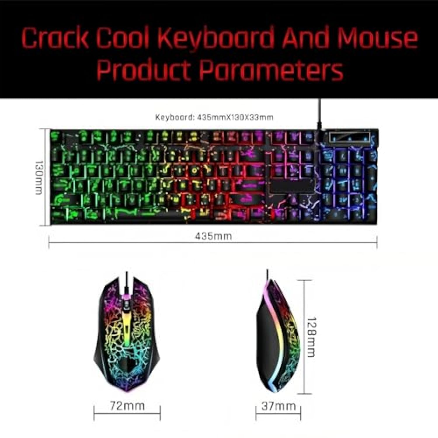 Wired Crack Game Keyboard And Mouse Set With Mechanical Feel, Illuminated Letter Perforated Rainbow Led Mouse And Keyboard?104 Keys Numeric Keypad, Led Indicators, For Office,Gaming