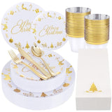 175 Pieces Christmas Plastic Plates - Christmas Gold Plastic Plates Include 25Dinner Plate, 25Dessert Plate, 25Knives, 25Forks, 25Spoons, 25Cups, 25 Napkins For Xmas Party