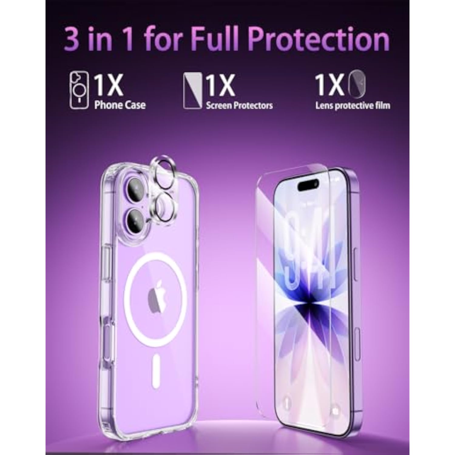 Magnetic Slim Case for iPhone 17, Compatible with MagSafe, Shockproof and Anti-Yellowing, Full Camera Protection, Includes Screen and Lens Protectors, Clear Protective Case