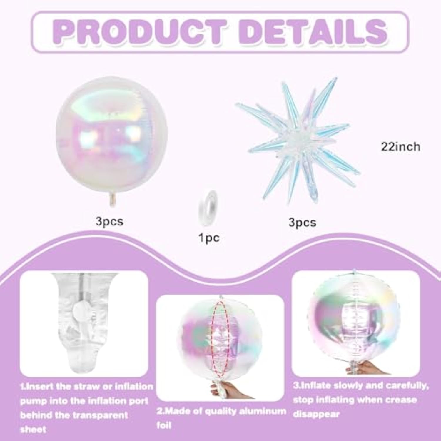 6Pcs Iridescent Foil Balloons,22Inch Clear 4D Round Ball Balloon And Explosion Star Balloon For Birthday Wedding Baby Shower Prom Party Anniversary Decorations