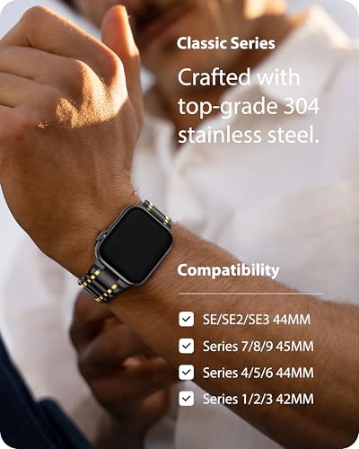 Bands Compatible With Apple Watch Band 45Mm 44Mm 42Mm 46Mm 49Mm 41Mm 40Mm 38Mm,Stainless Steel Iwatch Band With Case For Apple Watch Series 11 10 9 8 7 6 5 4 3 2 1 Se3/2/1 Ultra3/2/1, 42Mm 44Mm 45Mm, Black And Gold
