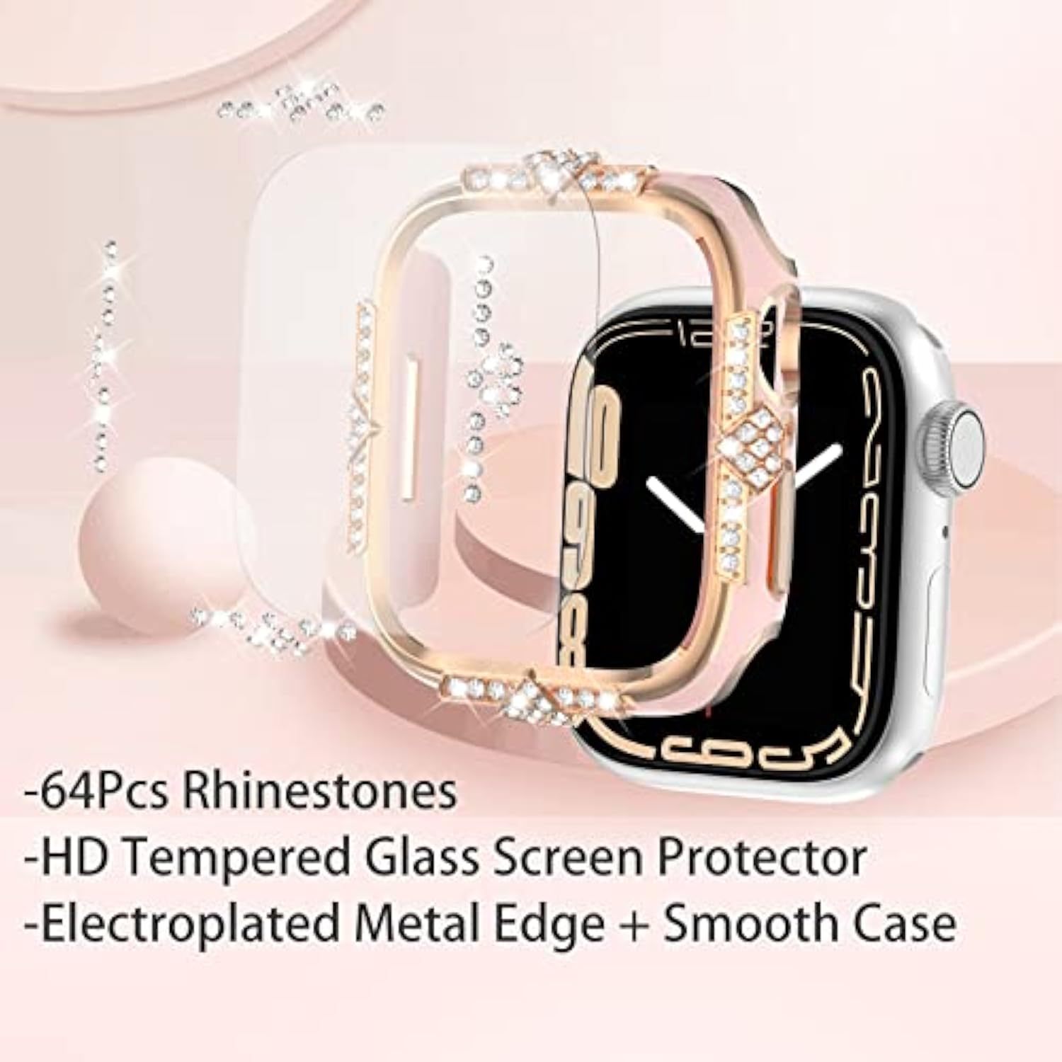 Compatible With Apple Watch Case 42Mm Series 10 Rhinestones With Built-In Glass Screen Protector Diamond Iwatch Cover For Women Girl, Pink-Rg, 42Mm