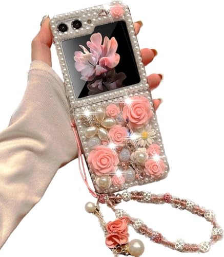 Bling Diamond Case for Moto Razr+/Plus 2025 with Pearl Bracelet Strap Cover,Pink 3D Sparkly Shiny Crystal Rhinestones Flower Girly Shockproof Phone