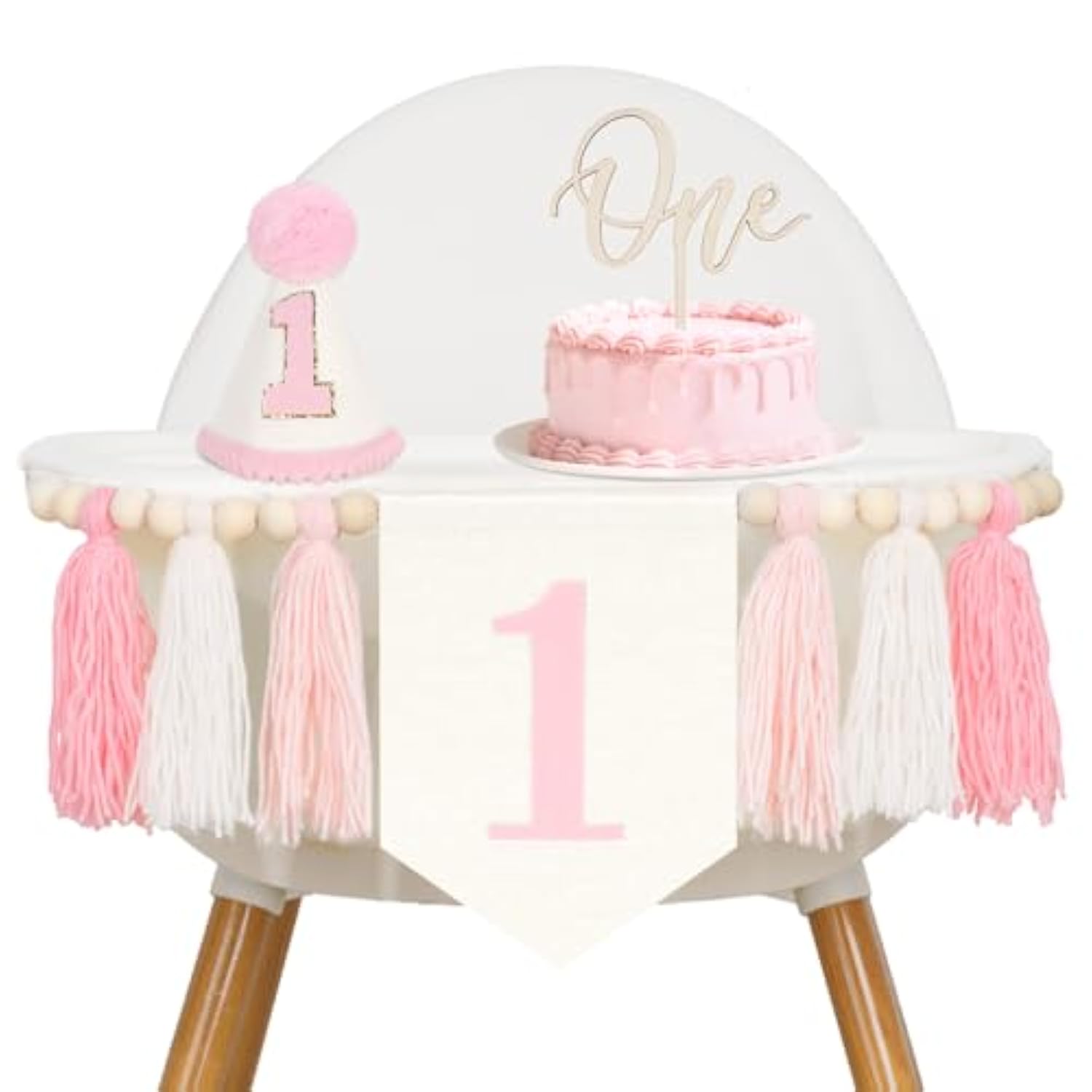 Pink One High Chair Banner - Baby Girl First Birthday Decorations 1St Birthday Girls One Year Old Outfit Garlands With Wood Bead Tassel Conical Hat Cake Topper For Baby Shower Party Decoration