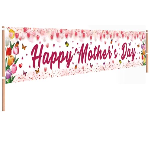 Mothers Day Decorations, Happy Mothers Day Banner, Large Size Pink Floral Design with Butterflies Mother's Day Outdoor Decorations, 118 x 20 Inch