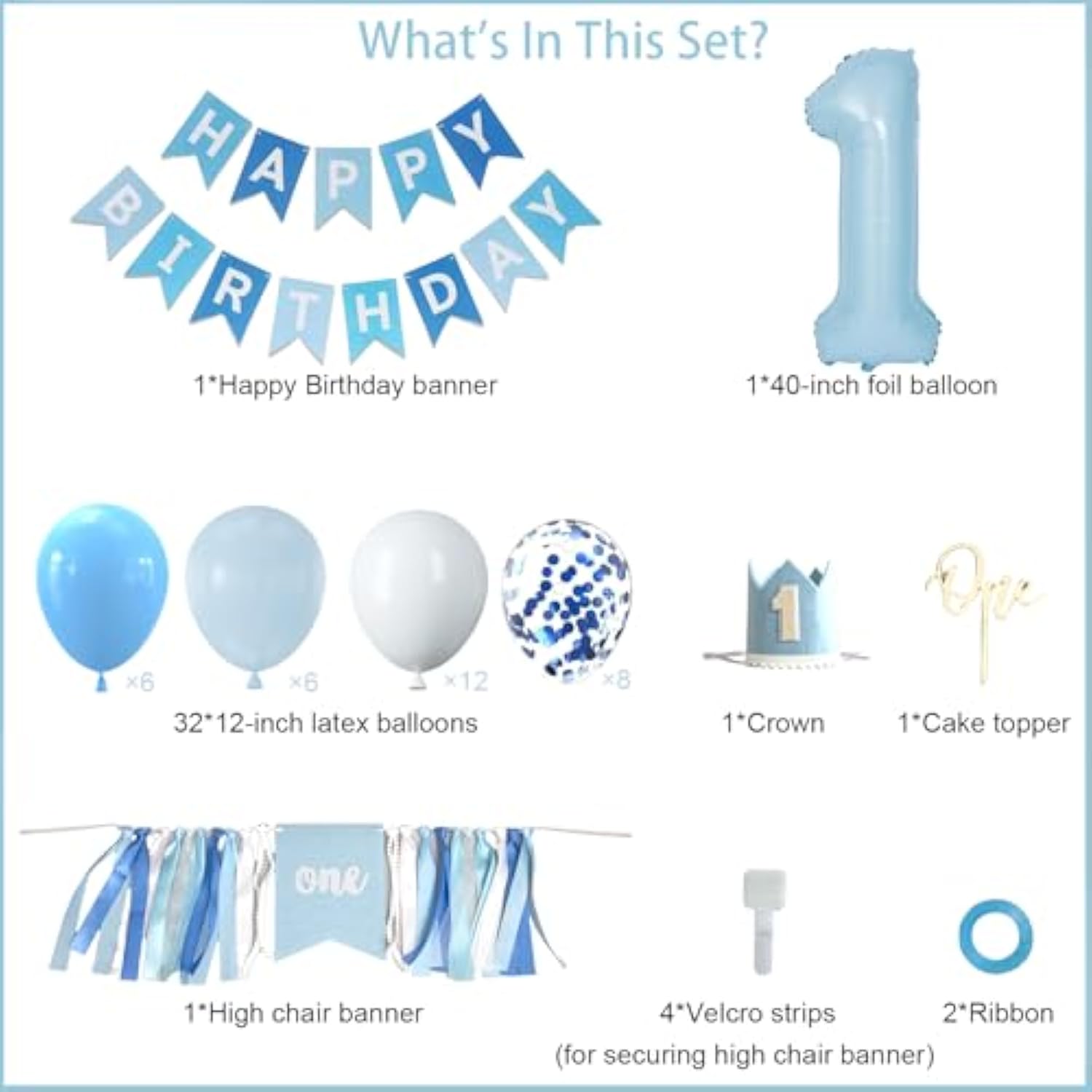 First Birthday Decorations for Boy, Complete Set with Banner, Balloons, Cake Topper