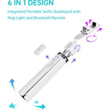 40” Selfie Stick Tripod Quadrapod, Onboard Light, Wireless Bluetooth Remote, Extendable, Stainless Steel, 3 Light Modes, 9 Brightness Levels, Compatible With All Iphone & Android Devices