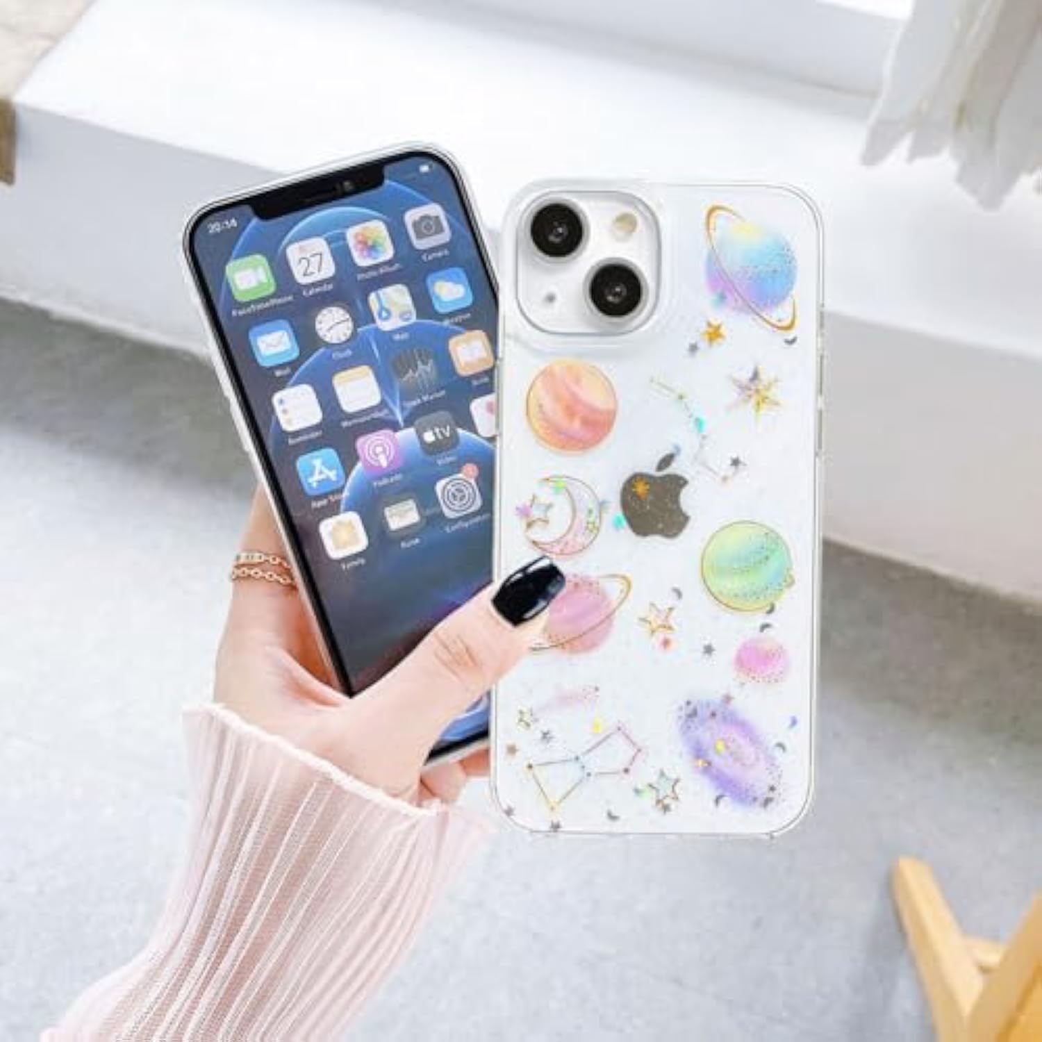 For Iphone 13/14/15 Case Clear Cute With Planet Design Bling Glitter Twinkle Sparkle Stars Moon Space Theme Soft Tpu Aesthetic Shockproof Slim Protective Women Girl'S Unique Phone Cover