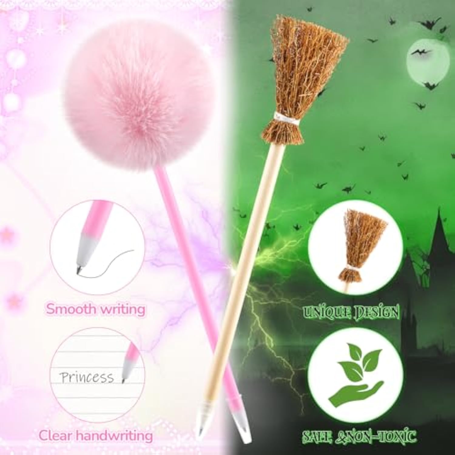 24 Pcs Witch Party Favors Including 12 Witch Broom Pens And 12 Pink Pom Pom Ballpoint Pens Goodie Bags Stuffer Broom Pencils Wands For Wizard Halloween Party Decorations Gifts (Classic)