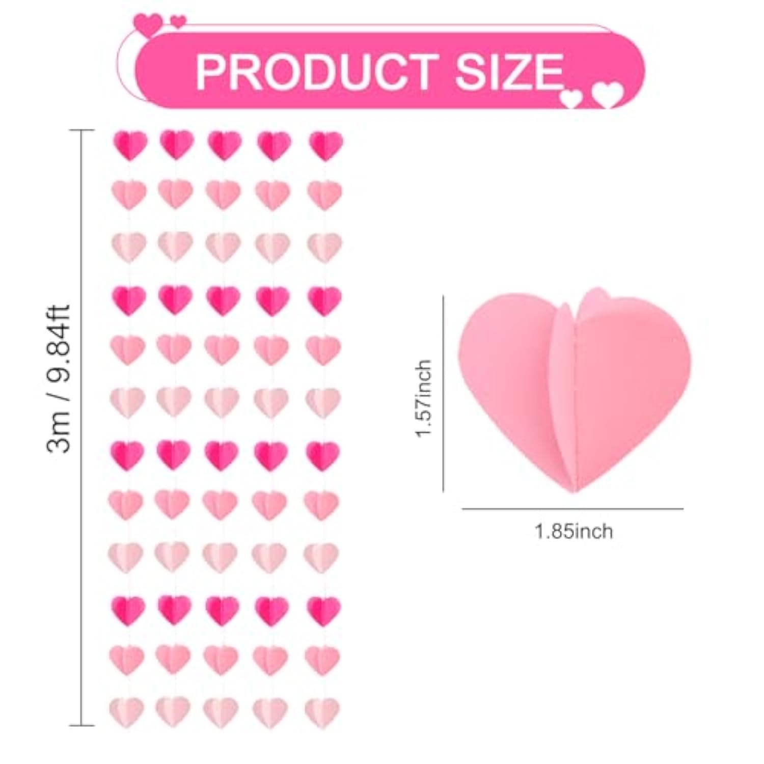 5 Packs Rose Pink 3D Love-Heart-Shaped Garland Hanging Banner For Galentine'S Day Anniversary Valentine'S Day Decoration Engagement Wedding Baby Bridal Shower Birthday Party Supplies(49Ft)