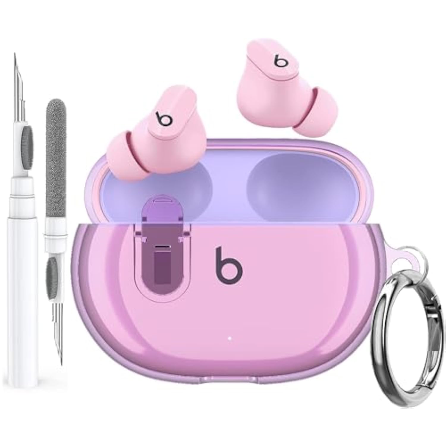 Beats Studio Buds Clear Case with Lock, Soft Transparent TPU Protective Cover Skin with Cleaner Kit & Keychain for Women and Men, Purple
