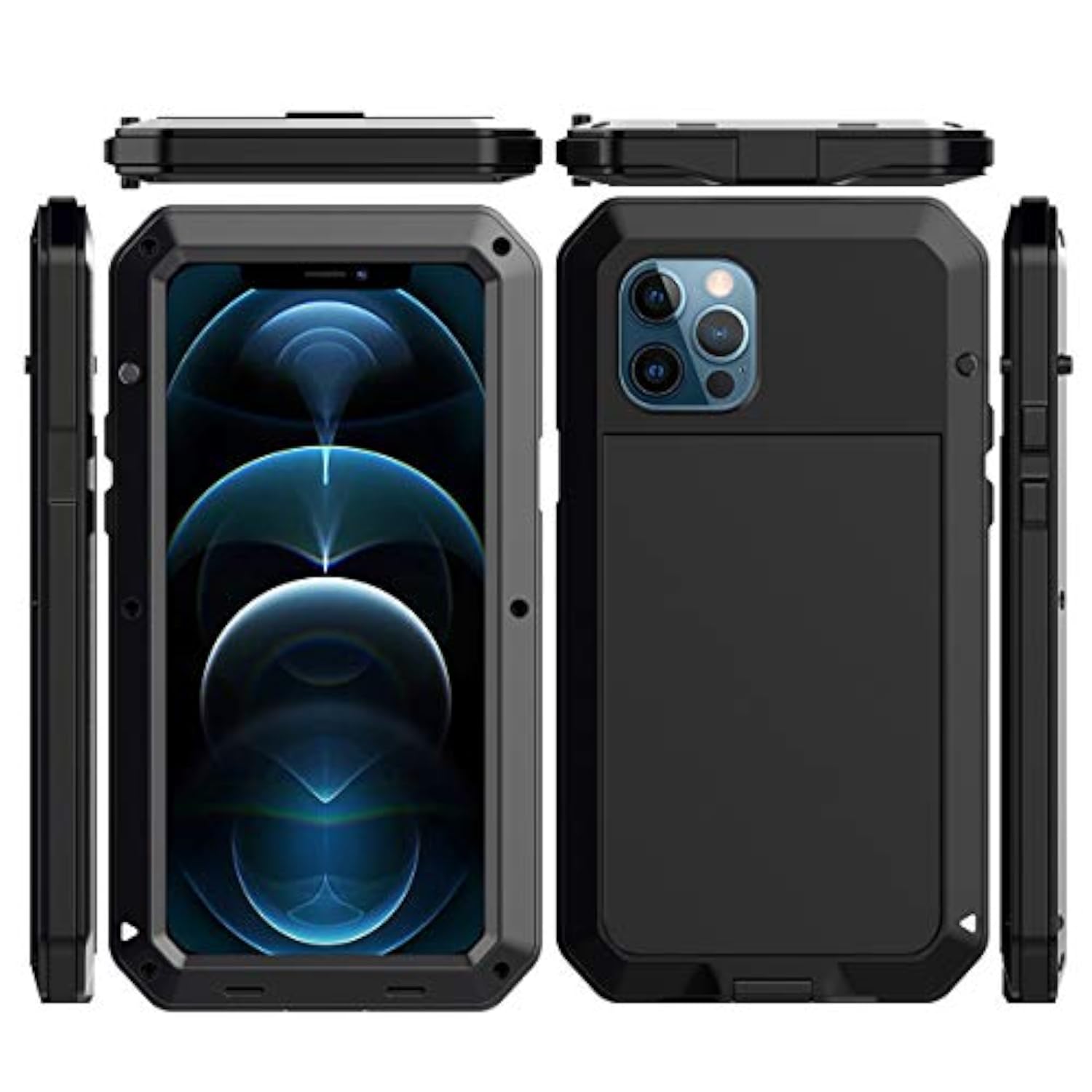 Heavy Duty iPhone 12 Case with Metal Frame and Silicone Screen Protector, 6.1 Inch, Black