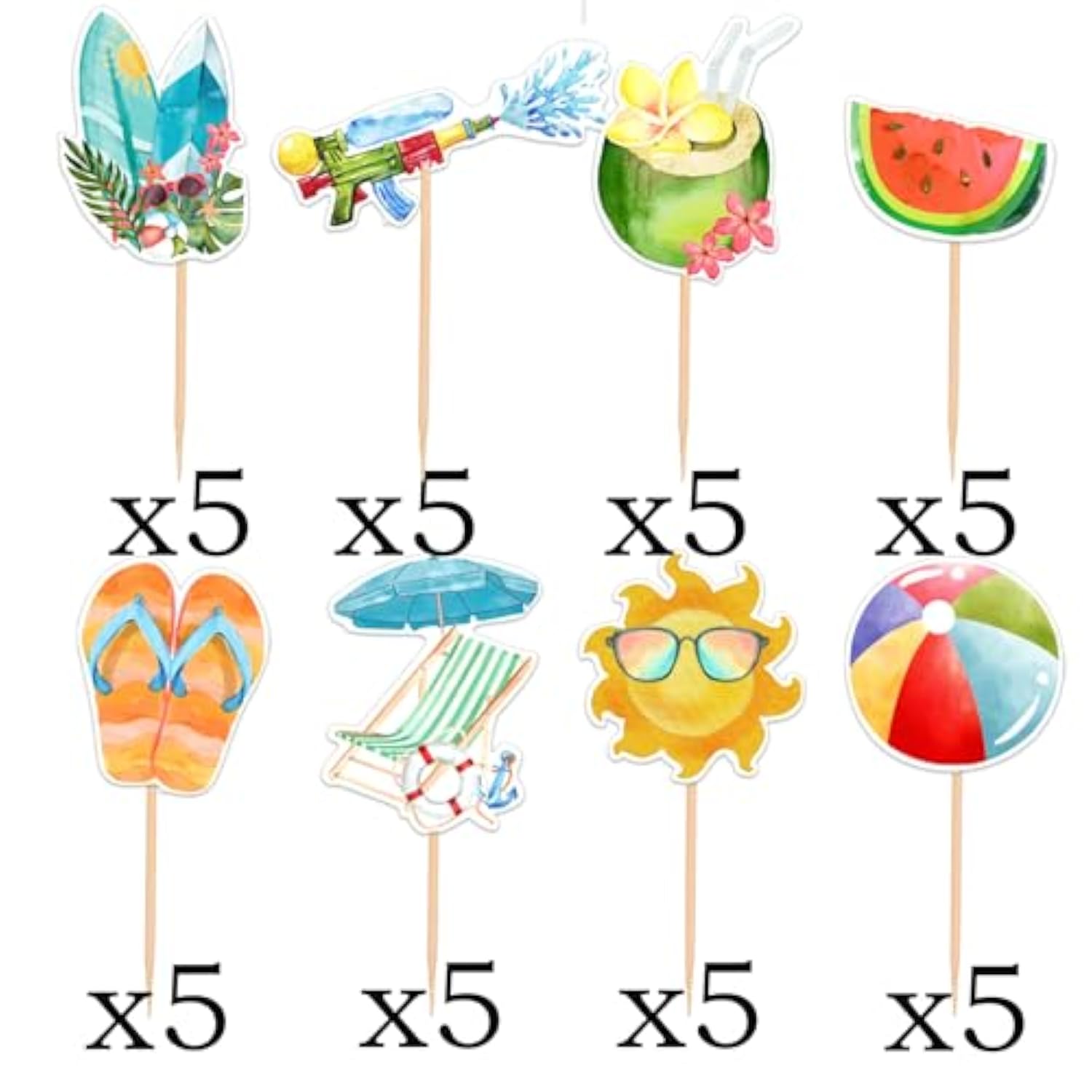40Pcs Summer Beach Cupcake Toppers Pool Party Hawaiian Theme Cake Picks With Beach Ball Sun Umbrella Coconut Watermelon Water Gun Cake Decorations For Summer Birthday Tropical Luau Party Supplies