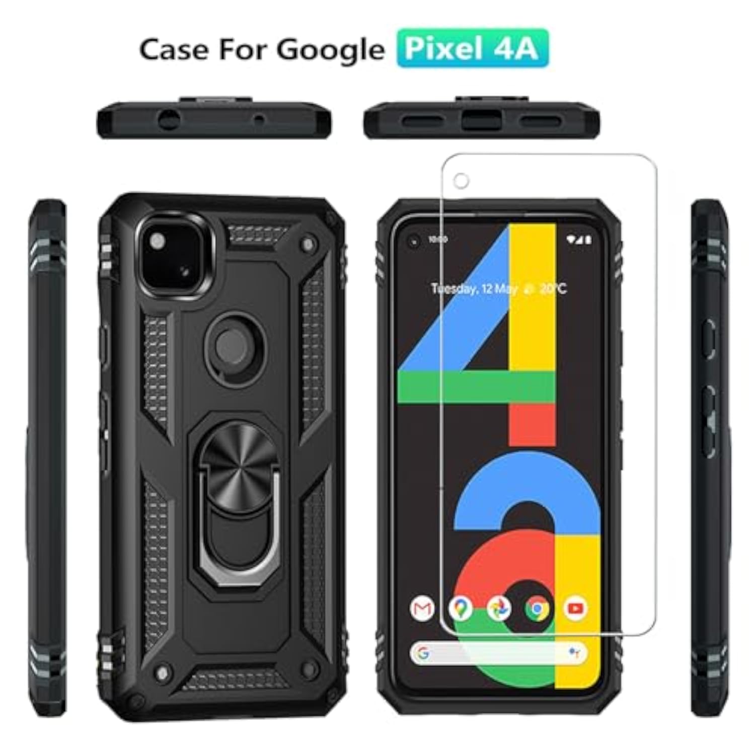Google Pixel 4A 5G Heavy Duty Armor Case with 2 Pack Tempered Glass Screen Protector, Magnetic Ring Stand Phone Case Black
