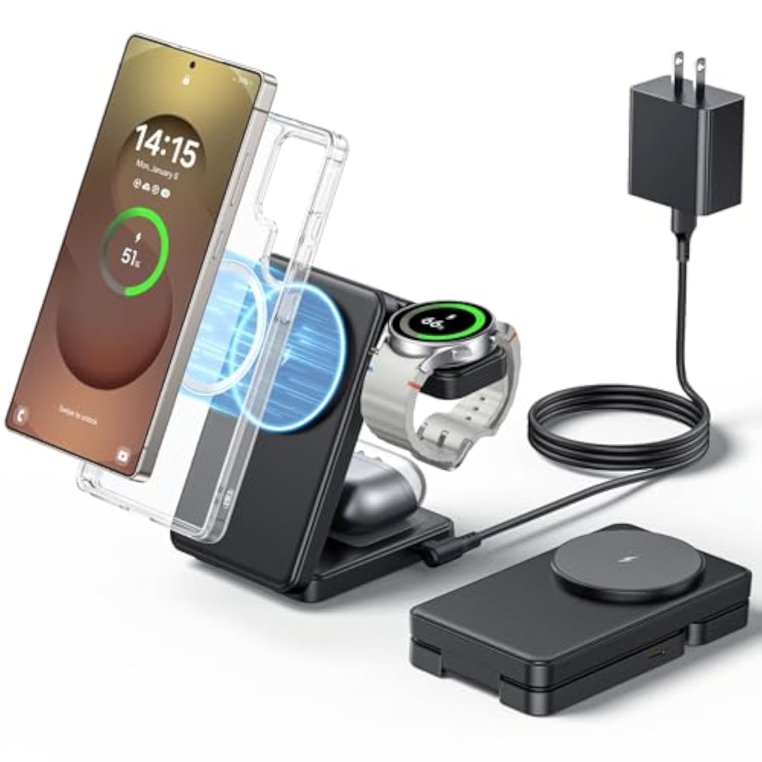 3 In 1 Magnetic Foldable Wireless Charger For Samsung, Fast Mag-Safe Charging Stand Station For Galaxy S25 S24 S23 S22 Ultra Plus/Z Fold/Flip 6/5, Galaxy Watch Ultra/7/6/5/Pro, Galaxy Buds/Pro