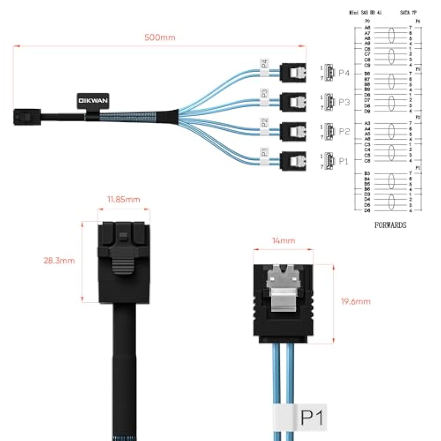 Internal Mini Sas To Sata Cable, Sff-8643 To Sata Forward Breakout Compatible