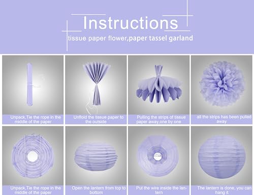 White Purple Party Decorations - 17Pcs Tissue Pom Poms Paper Flowers Lanterns Birthday Valentines Day Decorations Baby Girl Shower Women Bridal Wedding Engagement Bachelorette Graduation Hanging Decor