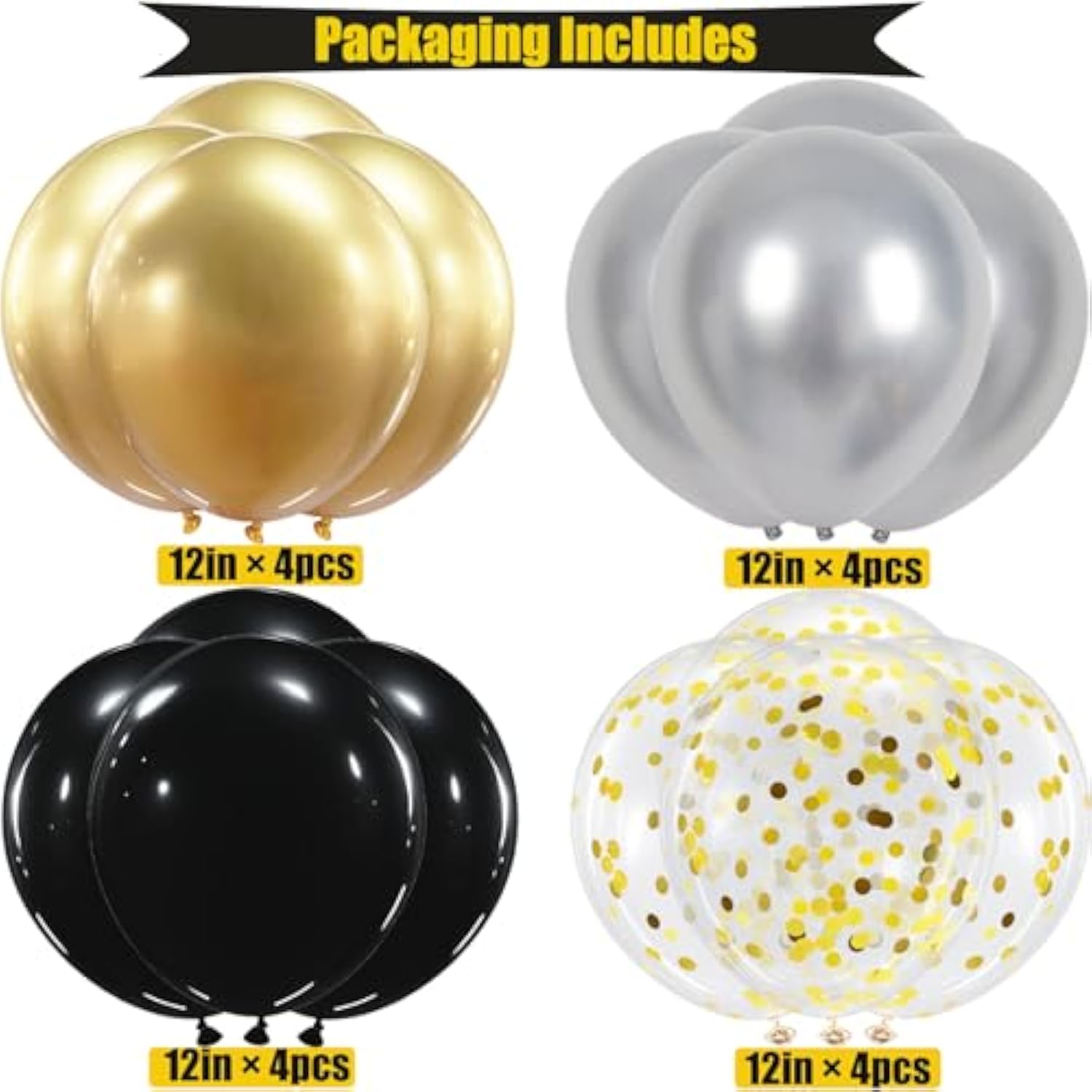 Black and Gold Birthday Banner with 16 Balloons & Ribbons for Men, Women, Boys and Girls Parties