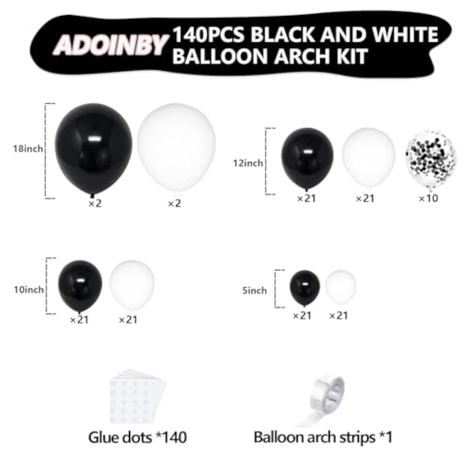 Black And White Balloon Arch Kit, 140Pcs Black And White Durable Latex Balloons 18 12 10 5 Inch Different Size Balloons For Birthday Anniversary Wedding Engagement Graduation Party Decorations