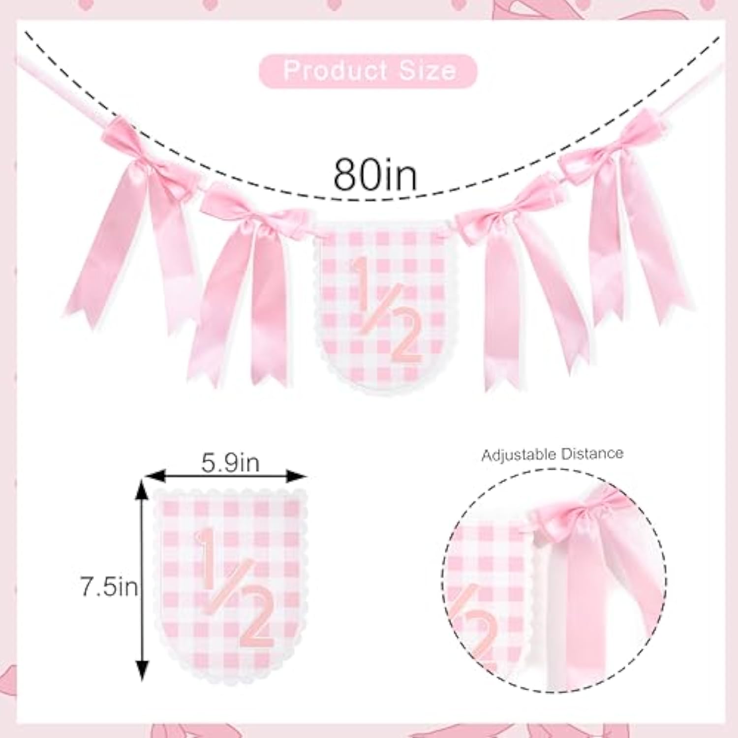 Pink Ribbon Bow 1/2 Birthday Banner - Sweet 6 Months Birthday Party Decorations,Pink White Gingham Bow Bohemian Garland,Half Way To One Cake Smash,Scalloped Banner Photo Props