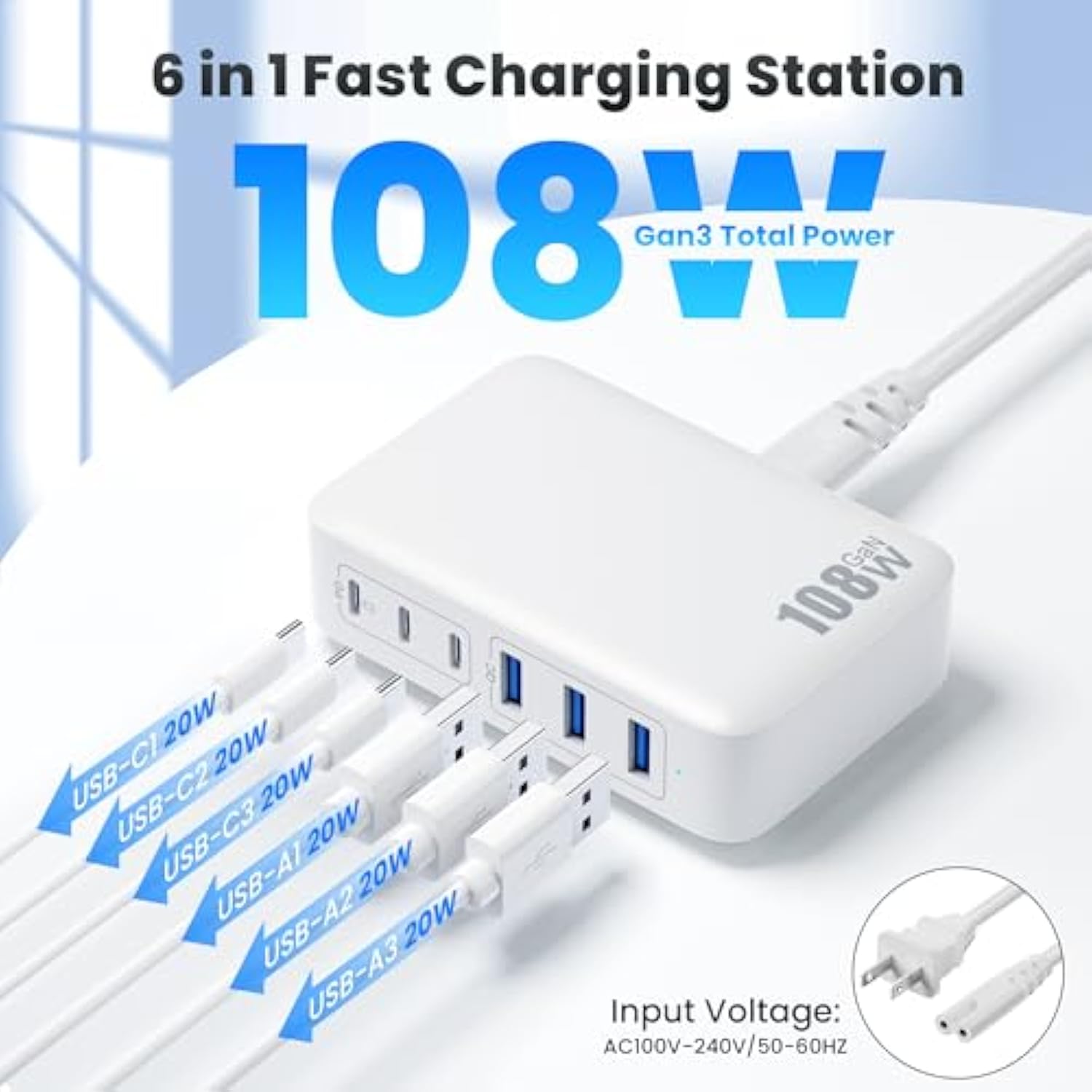 Usb C Charger 108W Usb C Charger Block,Upgraded Gan Iii 6-Port Fast Usb Charging Station Hub,3Xqc+3Xpd3.0 Phone Charger Adapter Compatible With Iphone 15/14/13/12/X,Android Samsung,Ipad Tablets-White