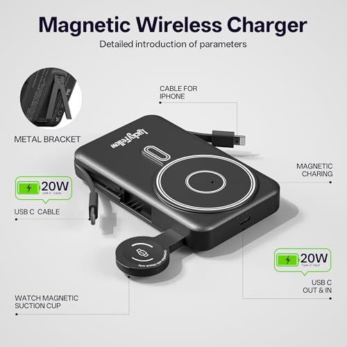 Magnetic Portable Charger Built-in Cables,10000mAh Fast Charging Wireless Charger Station External Battery Pack Slim Pocket Size Power Bank with