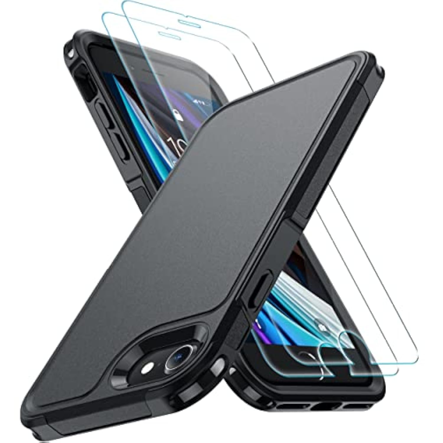 For Se Case 2022/3Rd/2020, 8/7 Case,With [2Xtempered Glass Screen Protector] [360 Full Body Shockproof] [Heavy Dropproof],Hard Pc+Soft Silicone Tpu+Glass Screen Phone Case-Black
