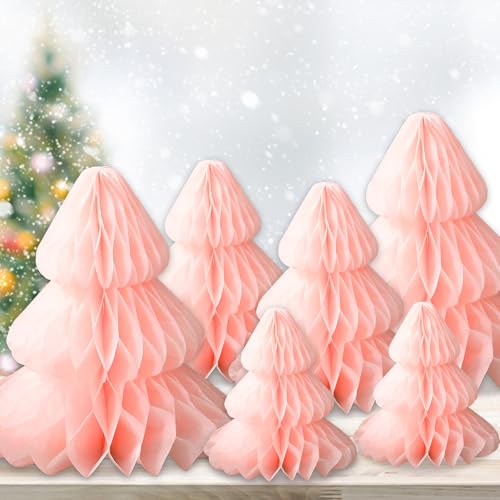 6Pcs Christmas Honeycomb Paper Tree 3D Xmas Centerpieces Pink Table Toppers for Holiday Party Home Decorations, 8", 10", 12"