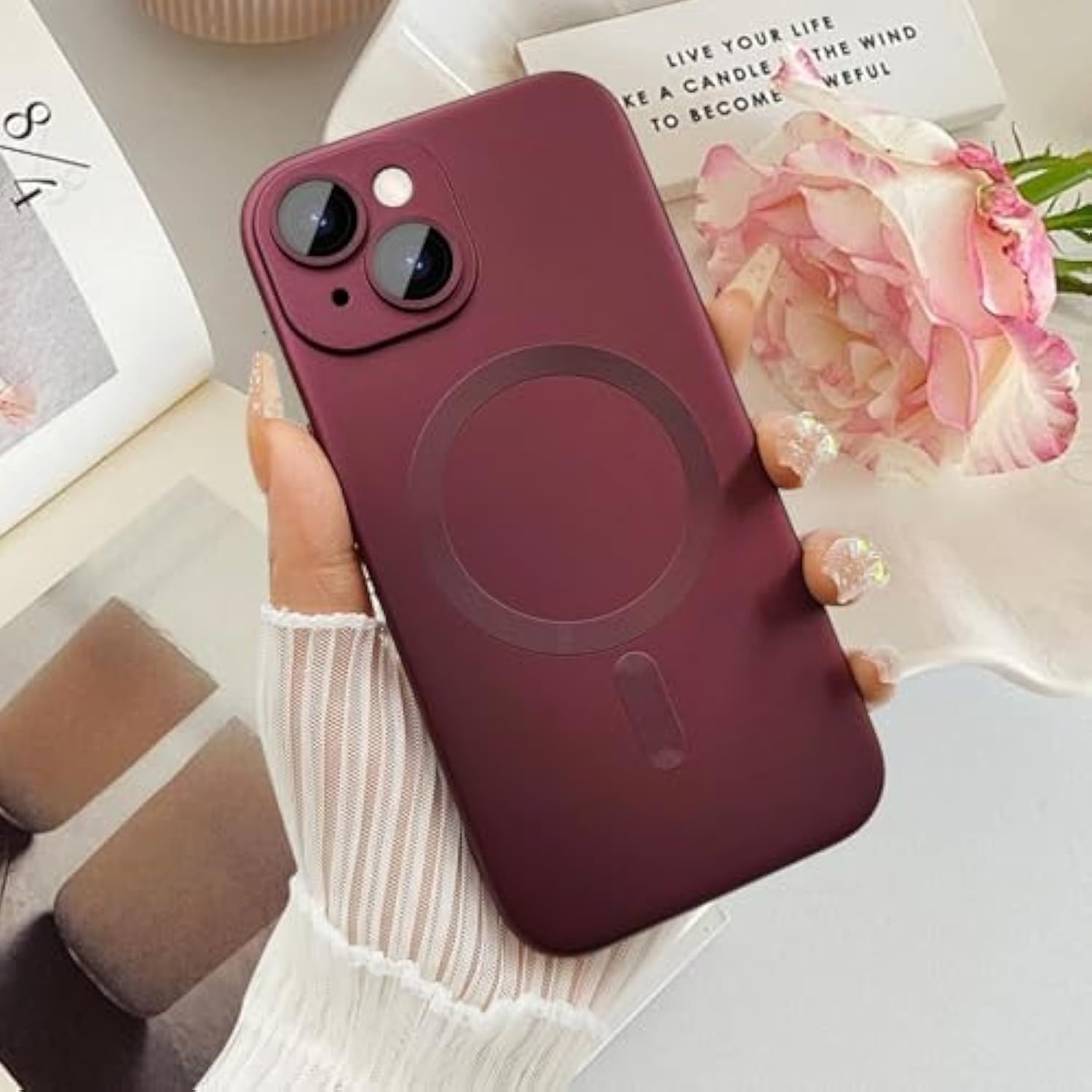 Magnetic Case For 13 Phone Case For Women/Men, Matte Luxury Soft Metallic Luster Design With Camera Lens Protector, Compatible With Magsafe Case For 13 6.1"-Wine Red