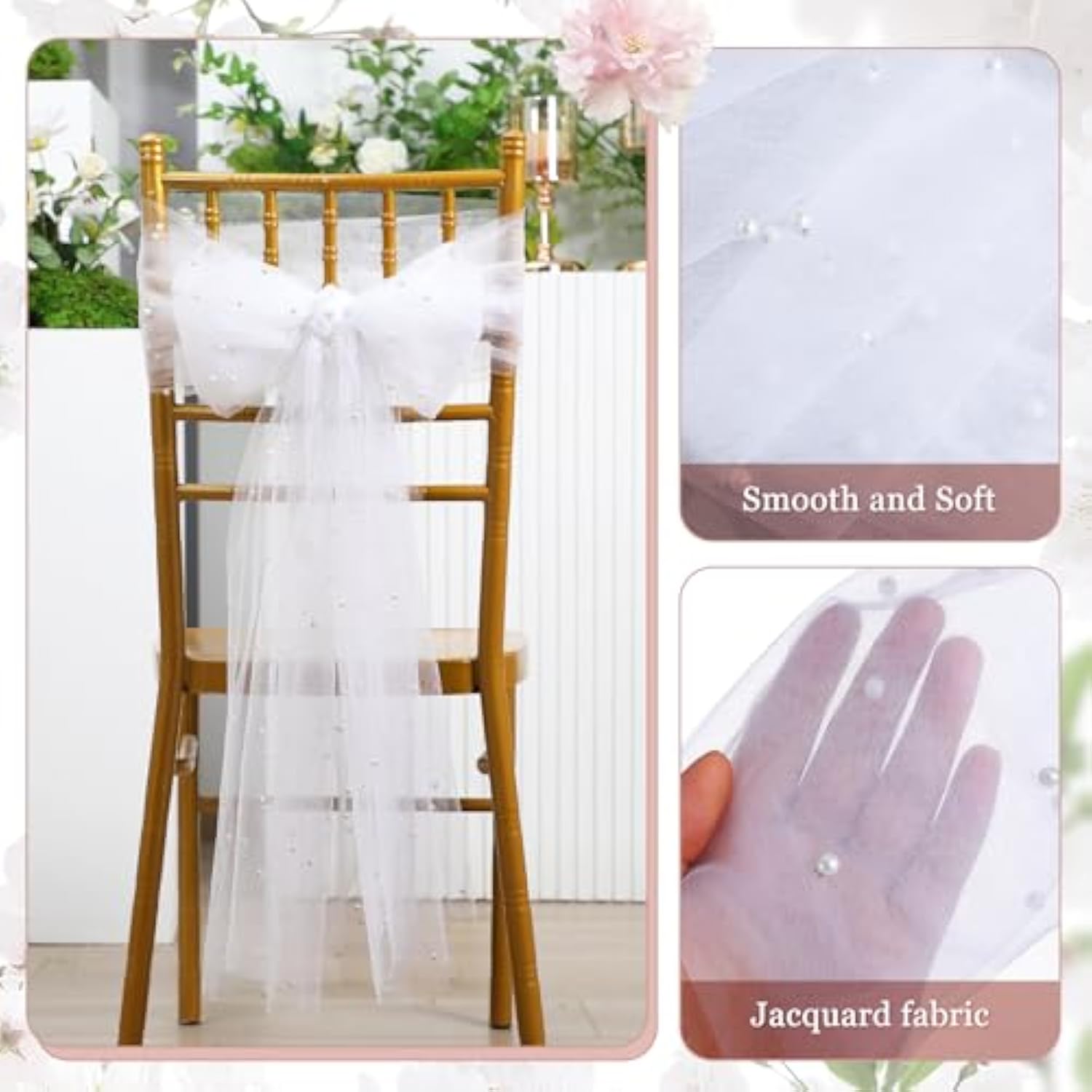 50 Pcs White Pearls Chair Sashes Fabric Romantic Pearl Chair Bows Ties For Wedding Bridal Shower Baby Shower Birthday Party Seat Decorations, 7 X 108 Inches