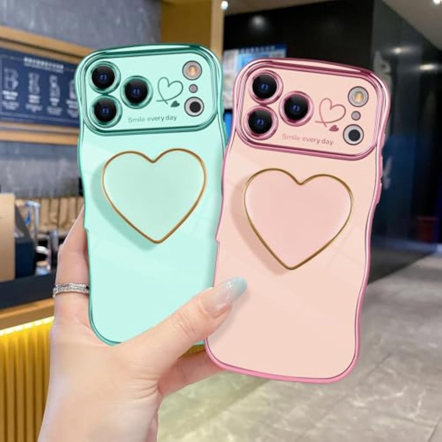 Luxury Wave Frame Curly Shape iPhone 17 Pro Max Love-Heart Holder Case with Soft Shockproof Bumper TPU Protective Cover for Women Girls