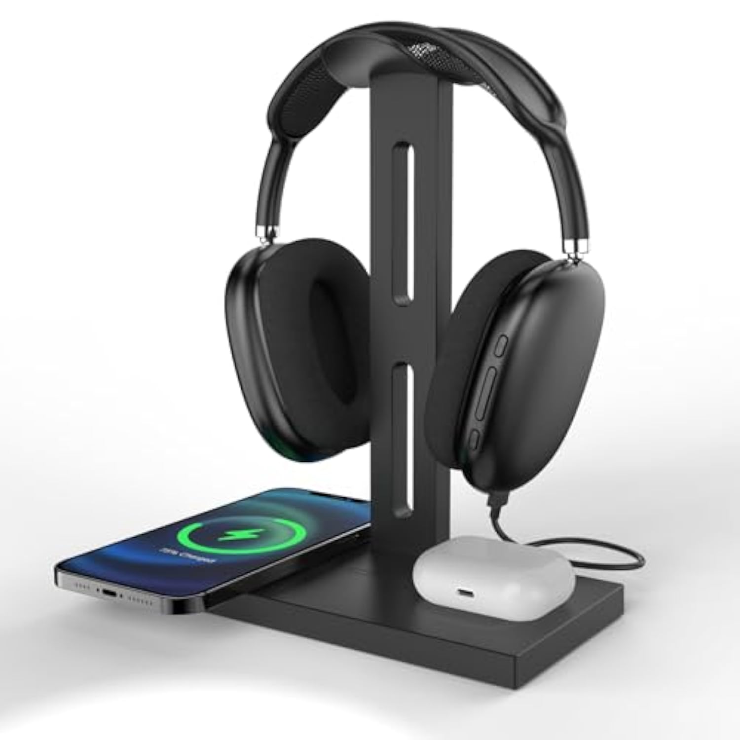 3 In 1 Headphone Stand With Wireless Charger 15W,Ideal Gifts For Gamers & Music Lovers,Compatible With Iphone,Airpods,Airpods Max,Essential Headphone Accessories (Black)