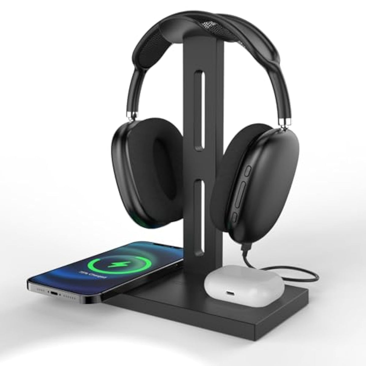 3 In 1 Headphone Stand With Wireless Charger 15W,Ideal Gifts For Gamers & Music Lovers,Compatible With Iphone,Airpods,Airpods Max,Essential Headphone Accessories (Black)