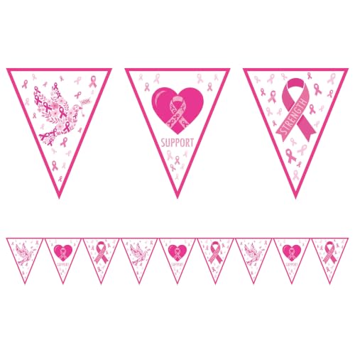 2 Pcs Breast Cancer Awareness Decorations Pink Ribbon Pennant Banner, Hope Strength Support Triangle Bunting Garland for Women Survivor Party Supplies, October Charity Run and Fundraiser Event Decor