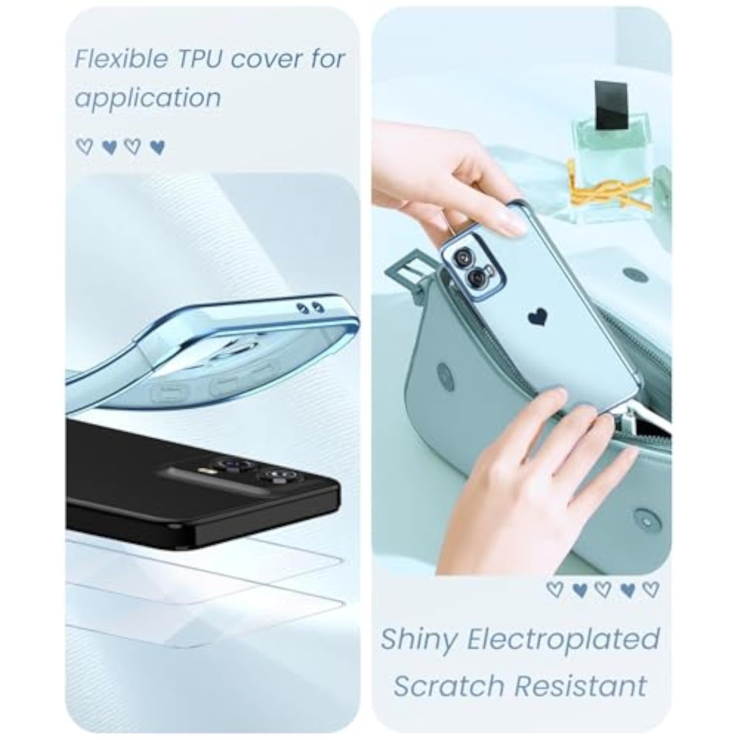 For Motorola Moto-G-5G-2024 Case With 2X Screen Protector, For Girl Women Cute Girly Love-Heart Luxury Gold Soft Cover Camera Protection Bumper Silicone Shockproof Phone Case For Moto G 5G 2024(Blue)