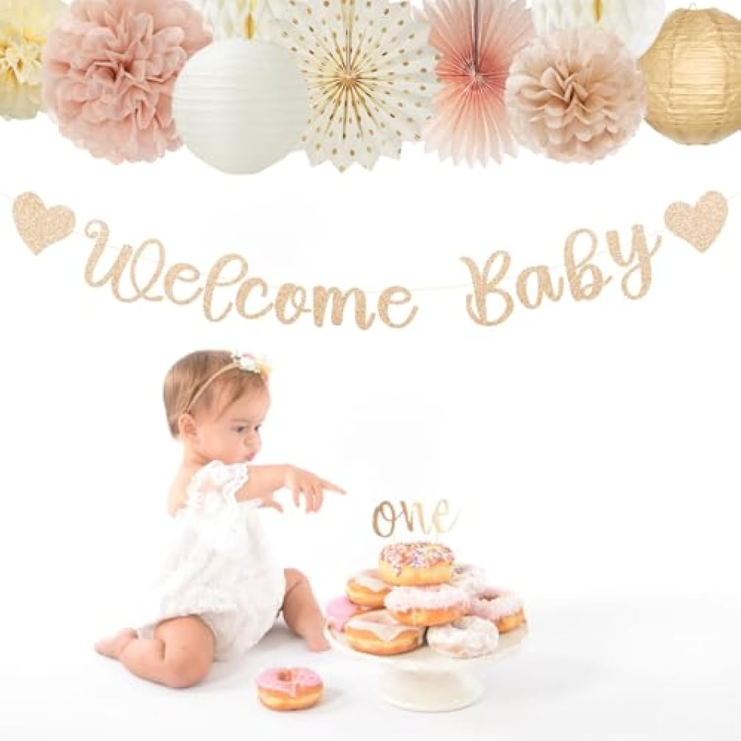 Champagne-Gold Fall Boho Baby Shower 21Pcs Banner, Lanterns, Pom Poms & Garland Decor