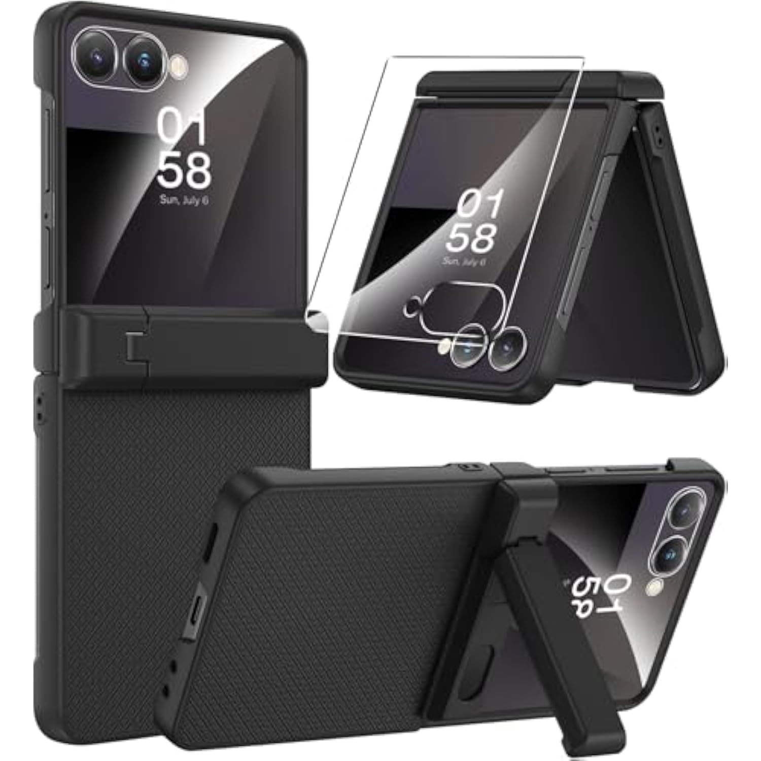 Miimall for Samsung Galaxy Z Flip 7 Case with Screen Protector & Kickstand & Hinge Protection, Heavy Duty Matte Hard Ultra Slim Thin Protective Phone Full Body Cover for Z Flip7 5G Stand Case Black