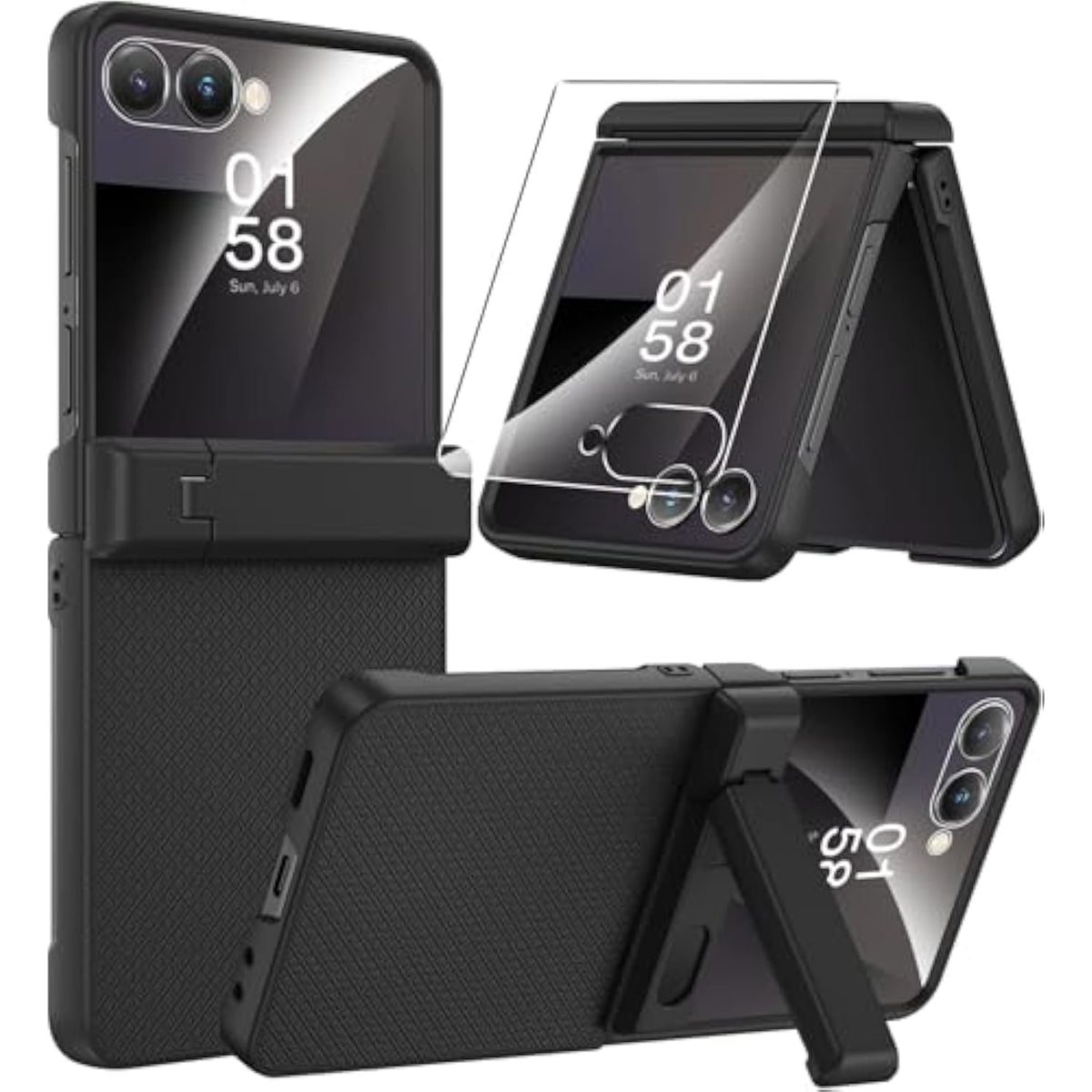 Miimall for Samsung Galaxy Z Flip 7 Case with Screen Protector & Kickstand & Hinge Protection, Heavy Duty Matte Hard Ultra Slim Thin Protective Phone Full Body Cover for Z Flip7 5G Stand Case Black