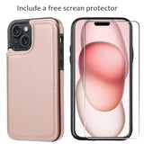 Wallet Case Compatible With Iphone 15,Slim Protective Case With Card Holder,Premium Pu Leather Kickstand Card Slots Case With 1 Screen Protective Glass For Iphone 15 (6.1")-Rose Gold